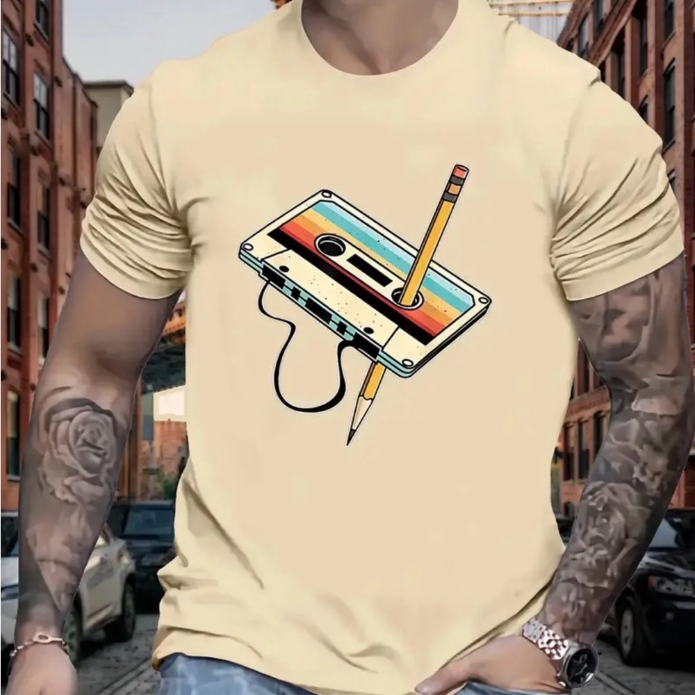 Men’s Apricot Retro Graphic T-Shirt with Cassette Design - Size XL - Picture 3 of 5